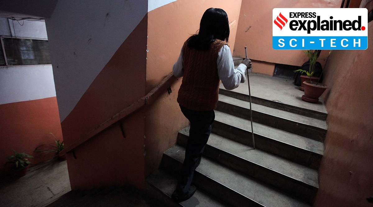 A blind person walks up the stairs (Express Photo/File) 