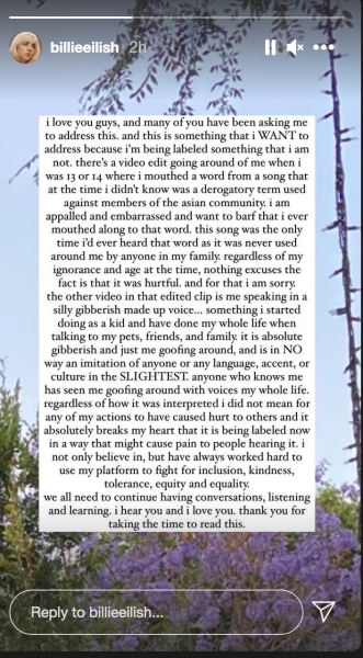 Billie Eillish apologised on her Instagram story (Photo: Billie Eilish/Instagram)