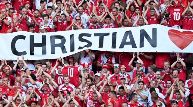 A view of a fan-made banner dedicated to Christian Eriksen during the UEFA Euro 2020. (Reuters)