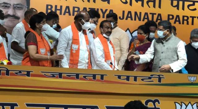 Former Telangana Minister Eatala Rajender,  Monday joined the BJP in the presence of Union Ministers Dharmendra Pradhan and G Kishan Reddy. (ANI)