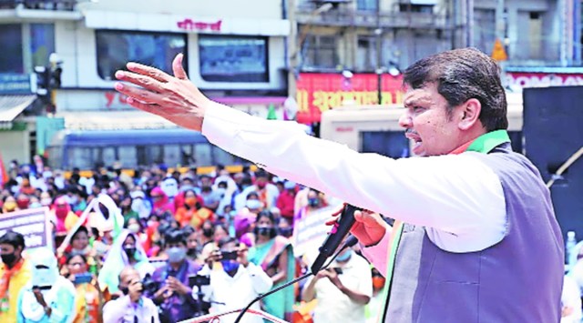 Devendra Fadnavis at an OBC protest rally in Nagpur on Saturday. (Express Photo)