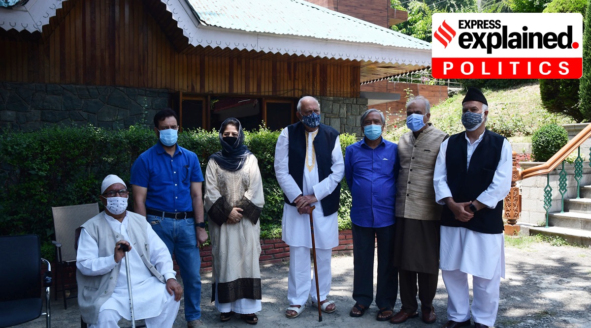 Jammu and Kashmir's Gupkar Alliance, led by veteran politician Farooq Abdullah, after meeting on Tuesday. (Express Photo: Shuaib Masoodi)