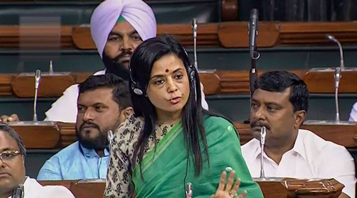 MP Mahua Moitra wearing a bright pink and green saree as she