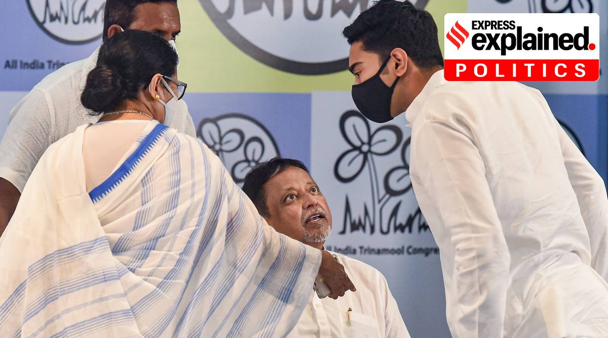 BJP leader Mukul Roy with TMC National General Secretary Abhisekh Banerjee during his re-joining of TMC party, in the presence of West Bengal CM Mamata Banerjee, at TMC Bhavan in Kolkata, Friday, June 11, 2021. (PTI Photo/Swapan Mahapatra)