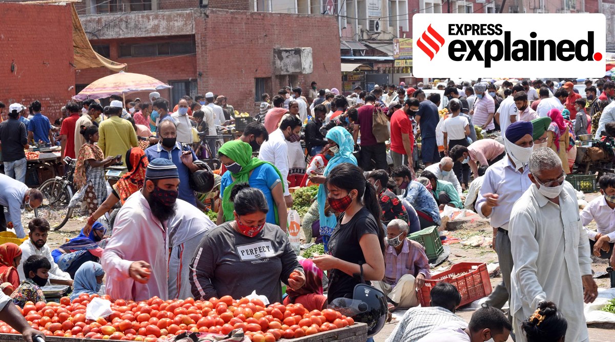 At a vegetable market in Chandigarh in May 2021. (Express Photo: Kamleshwar Singh)