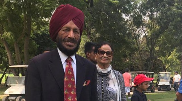 Milkha Singh with his wife Nirmal Kaur at the Jeev Milkha Invitational in 2019. (Express Photo)