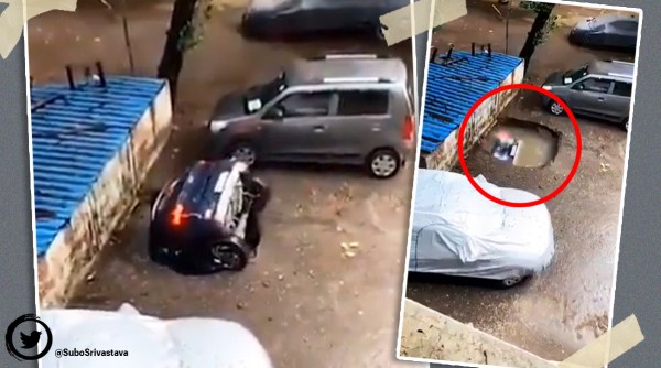 mumbai car sinkhole, mumbai rains, mumbai Ghatkopar sinkhole, Ghatkopar car falls into sinkhole, viral videos, Indian express