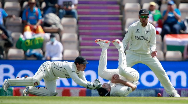 New Zealand's Tim Southee drops a catch of India's Rishabh Pant during the sixth day of the World Test Championship final cricket match between New Zealand and India, at the Rose Bowl in Southampton, England, Wednesday, June 23, 2021. (AP Photo/Ian Walton)