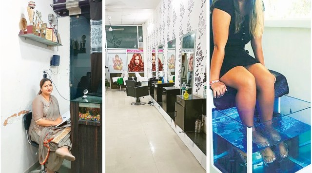 Owner Kavya Sharma (left) says her parlours see about five-seven people now on “the good days”. She is already late on her electricity bills. (Express photo)