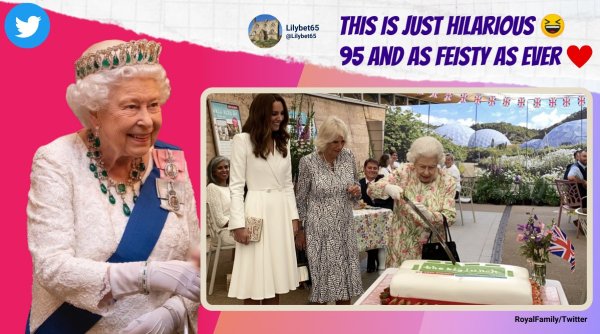 queen elizabeth II, g7 queen elizabeth, queen cuts cake with sword, queen cuts birthday cake sword, queen g7 leaders funny moment, viral videos, Indian express