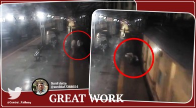 railways passenger saved, running railway passenger save, railways passenger escapes death, railway staff saves running passenger, passenger CSMT Mumbai, railways CSMT Mumbai, CSMT Mumbai, railways, railways passenger, viral videos, trending videos, trending news, Indian Express news