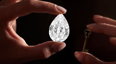 Sotheby's pear shaped diamond, pear shaped diamond sold for cryptocurrency, Sotheby's London, pear shaped diamond for $15 million, Sotheby's diamonds, indianexpress.com