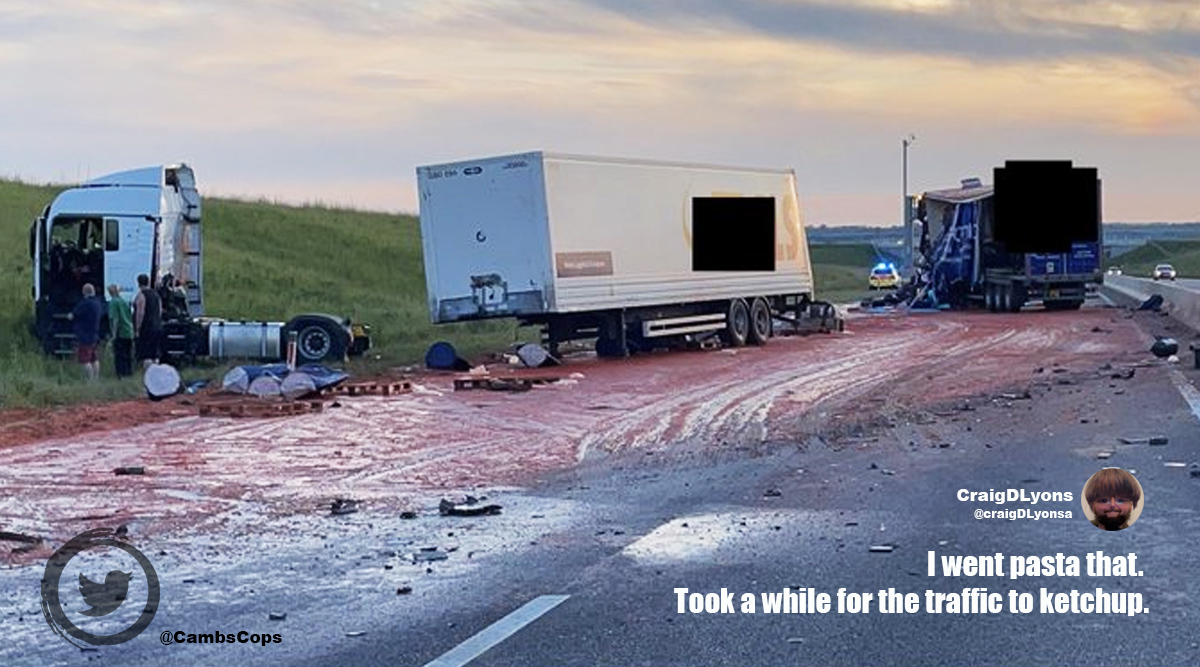tomato puree spillage, England highway tomato puree spillage, squashed tomatoes on UK highway, tomato puree olive oil spill, highway closed food spillage, odd news, Trending news, indian express news