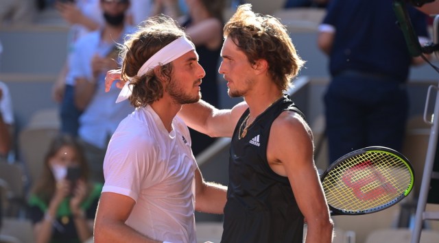 Stefanos Tsitsipas acknowledges Alexander Zverev after the end of the French Open semi-final. (Twitter/RolandGarros)