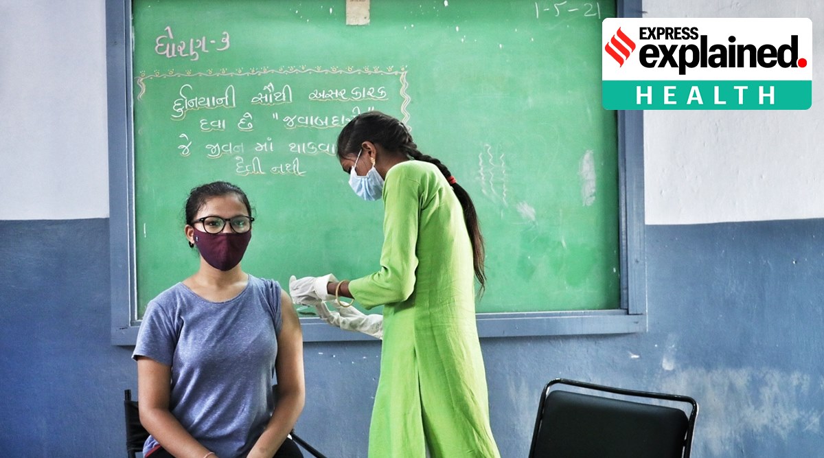 A Covid-19 vaccination drive at a government school in Sarkhej. (Express Photo: Nirmal Harindran)