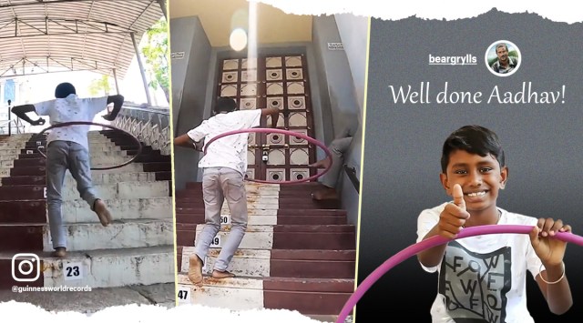 world record hula hoop, fastest stairs hula hoop record, Guinness world records, bear grylls, hula hoop, fastest stairs record, world record, viral video, trending video, trending news, Indian Express news