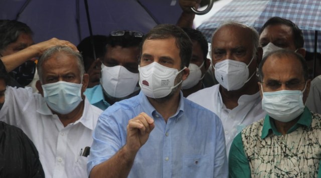 Rahul Gandhi with leaders of Opposition  Parties to brief the press at Vijay Chowk Wednesday, July 28, 2021. (Express Photo By Amit Mehra)