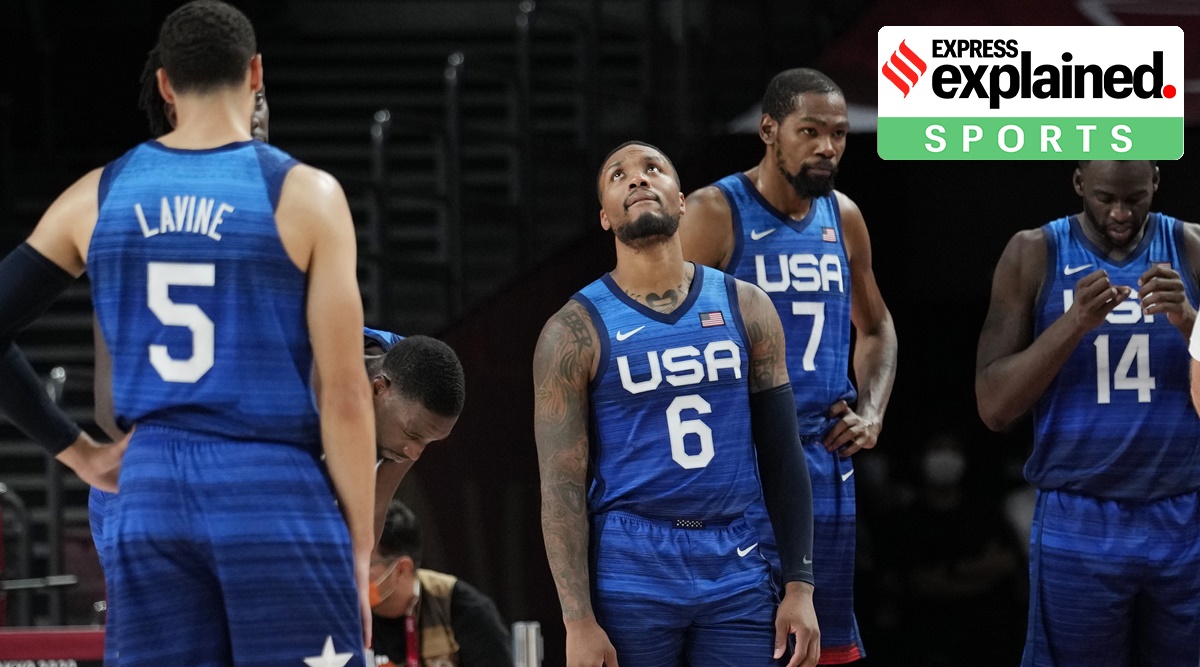 United States' Damian Lillard (6), Kevin Durant (7), and Draymond Green (16) during their loss to France in a men's basketball preliminary round game at the 2020 Summer Olympics (AP)