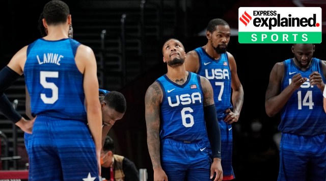 United States' Damian Lillard (6), Kevin Durant (7), and Draymond Green (16) during their loss to France in a men's basketball preliminary round game at the 2020 Summer Olympics (AP)