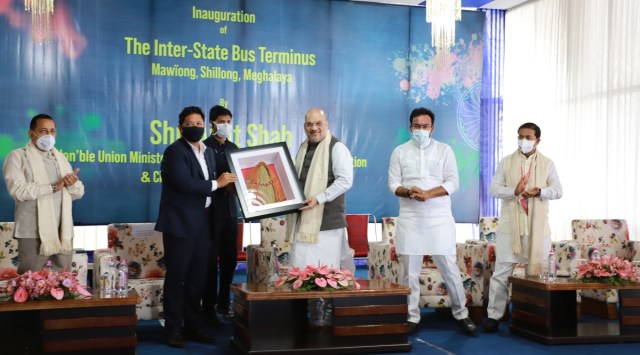Amit Shah with Meghalaya CM Conrad Sangma at the inauguration of the Inter-State Bus Terminus (ISBT) in Mawiong, Meghalaya. (Photo: Twitter | Amit Shah)