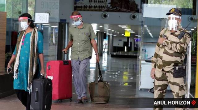 Passengers at the Lohegaon Airport in Pune. (Express Photo: Arul Horizon)