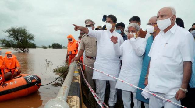 Yediyurappa visits rain-hit areas in Belagavi on Sunday. (PTI)