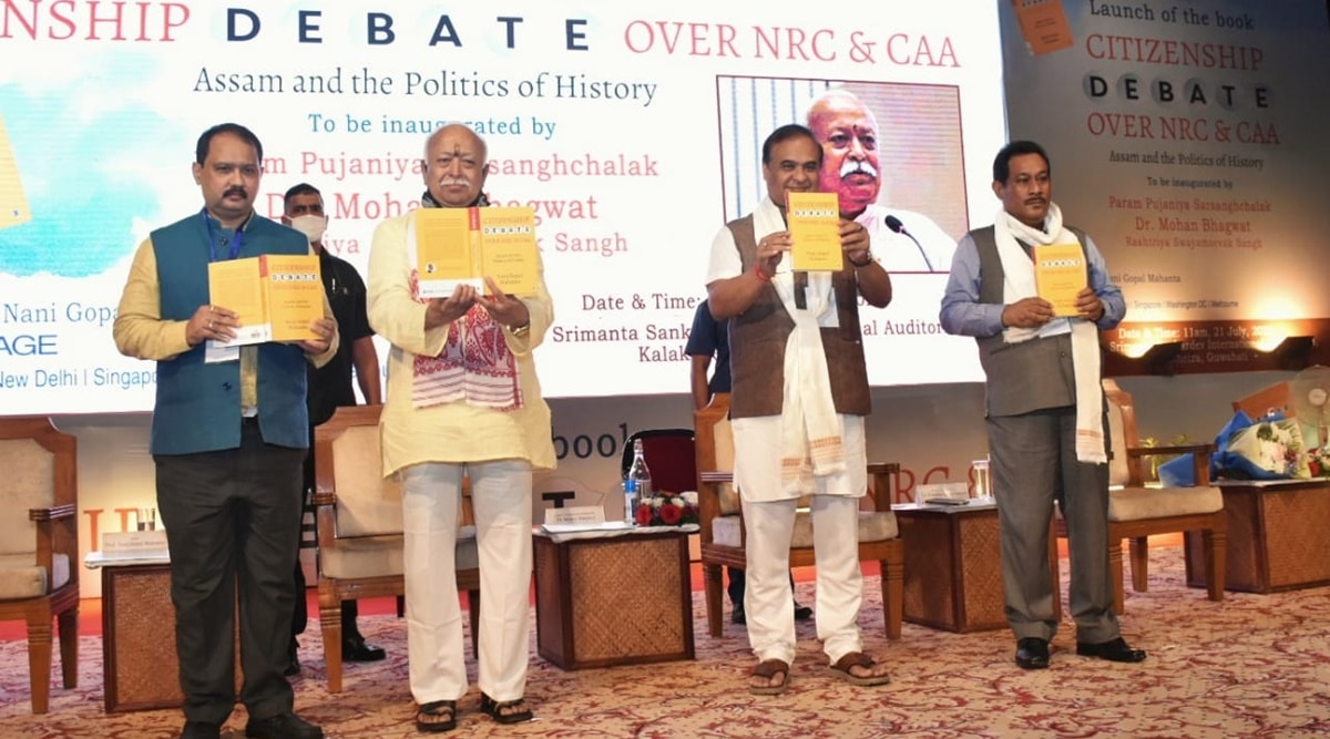 RSS chief Mohan Bhagawat along with Assam CM Himanta Biswa Sarma at the release of the book ‘Citizenship Debate Over NRC and CAA, Assam and Politics of History’ in Guwahati. 