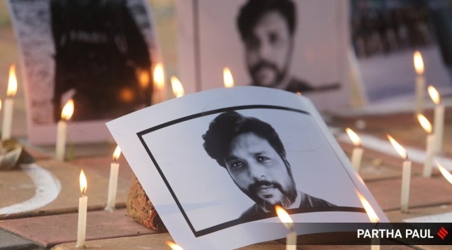 Journalists of Kolkata pay tributes to Danish Siddiqui who lost his life in Afghanistan during his assignment Friday morning. (Express photo by Partha Paul)