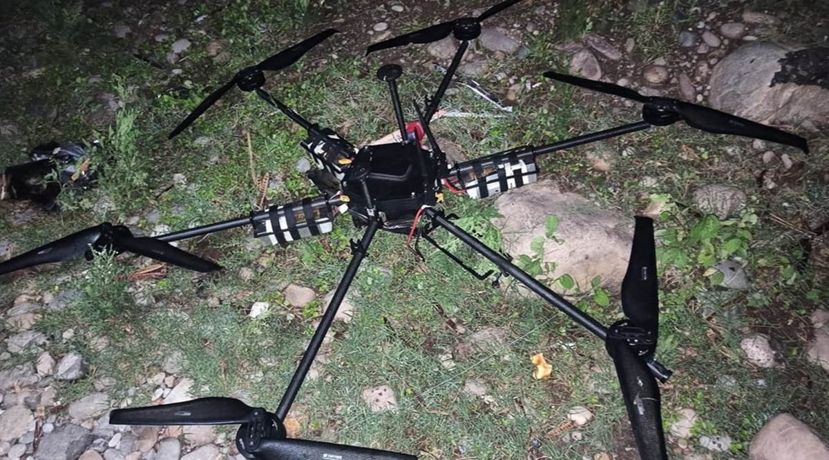 The drone carrying around 5 kg of IED that was shot down Akhnoor’s Beri Pattan area on Friday. (Express Photo)