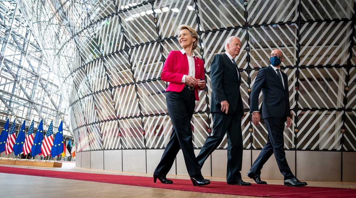President Joe Biden walks with European Council President Charles Michel and European Commission President Ursula von der Leyen, at a summit in Brussels, June 15, 2021. (Doug Mills/The New York Times)
