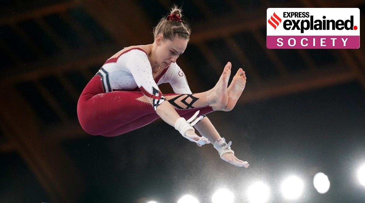 Sarah Voss, of Germany, performs on the uneven bars during the women's artistic gymnastic qualifications at the 2020 Summer Olympics, Sunday, July 25, 2021, in Tokyo. (AP Photo)
