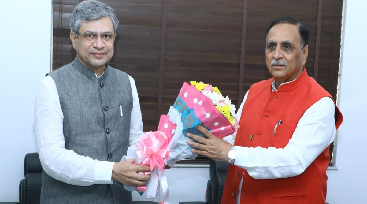Union Railway Minister Ashwini Vaishnaw with Gujarat Chief Minister Vijay Rupani. (Photo: Twitter/@CMOGuj)