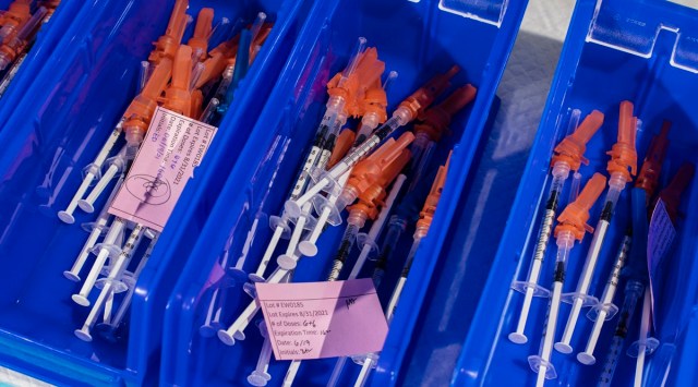 Doses of the vaccines against Covid-19 are pictured at a vaccination site in Newark N.J., June 19, 2021. (Bryan Anselm/The New York Times)