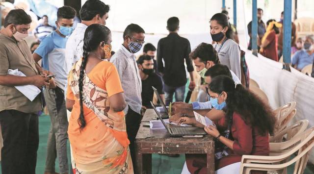 At a vaccination centre in Mumbai on Wednesday. (Express Photo: Amit Chakravarty)