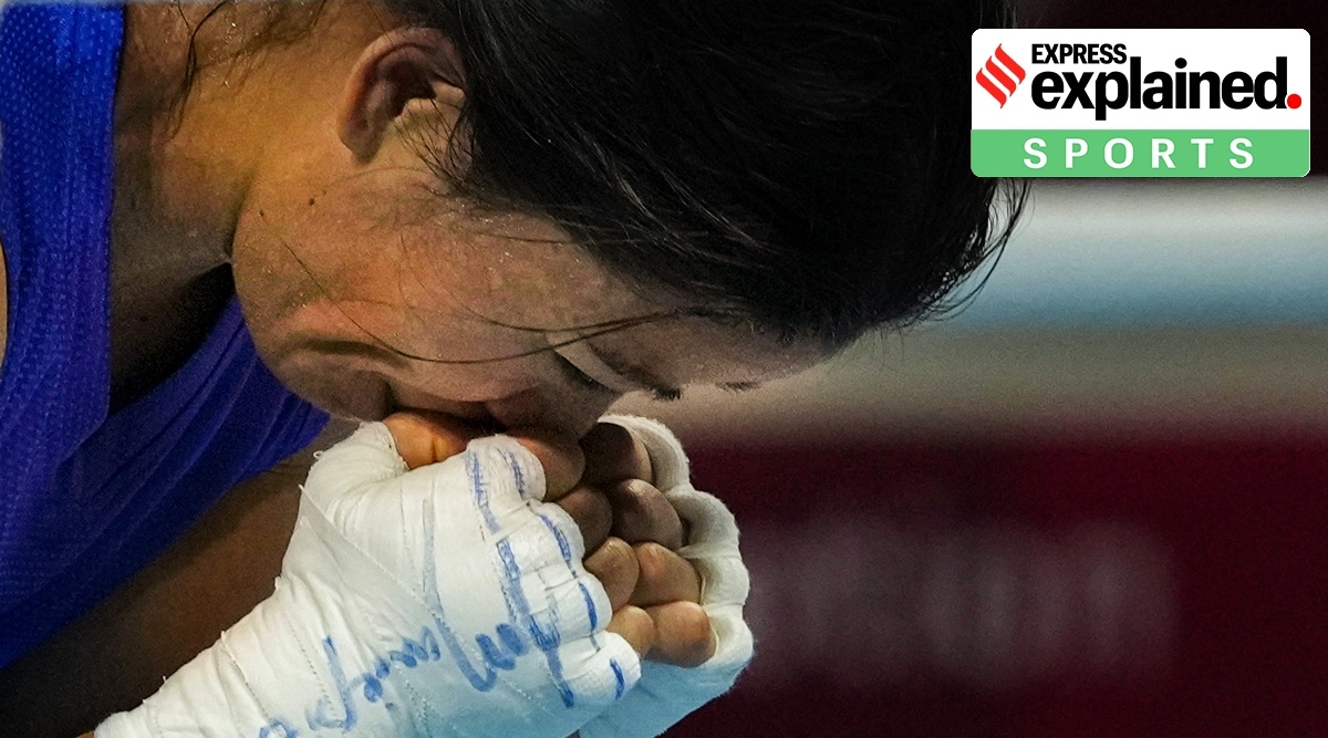 Mary Kom reacts after losing her bout to Ingrit Valencia of Columbia in women's Fly (48-51kg) boxing Round of 16, at the Summer Olympics 2020 in Tokyo, Thursday, July 29, 2021. (PTI)