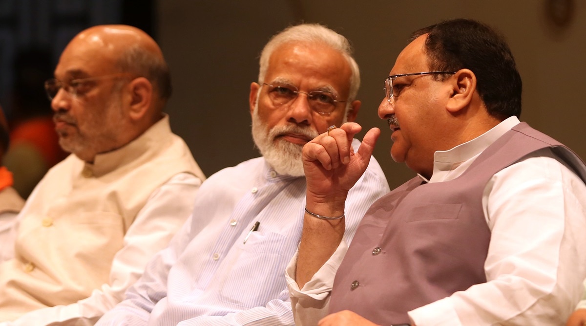 Prime Minister Narendra Modi, Home Minister Amit Shah and BJP president J P Nadda. (Express Photo/File)