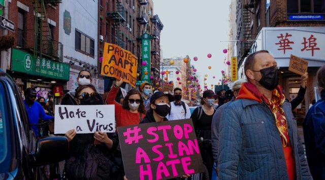 Demonstrators gather in New York’s Chinatown on  March 20, 2021, to protest attacks on people of Asian descent. (Justin J. Wee/The New York Times)