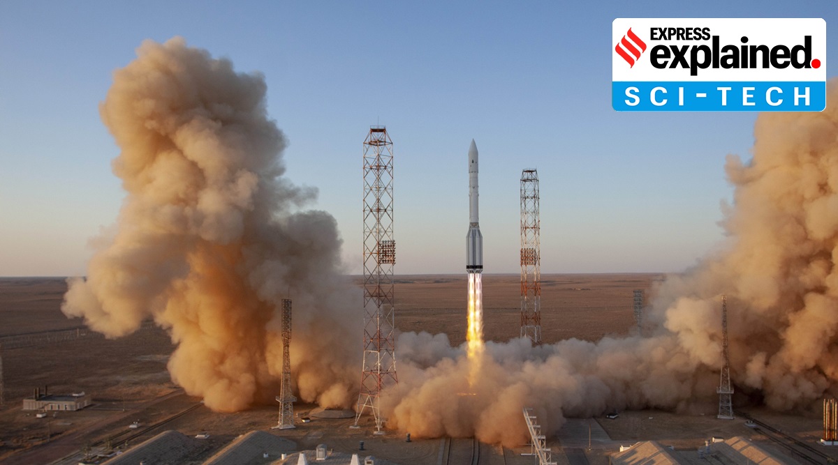 A Proton-M booster rocket carrying the Nauka module blasts off from the launch pad at Russia's space facility in Baikonur, Kazakhstan, Wednesday, July 21, 2021. (Roscosmos Space Agency Press Service photo via AP)