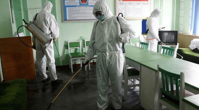In this April 1, 2020, file photo, offices at the Phyongchon District People's Hospital are disinfected in Pyongyang, North Korea. (AP photo)