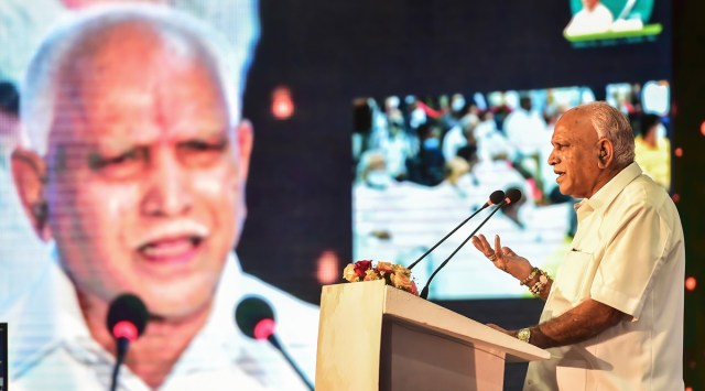 B S Yediyurappa during a programme commemorating two years of the BJP government in Karnataka  at Vidhanasoudha in Bengaluru, Monday, July 26, 2021. (PTI)