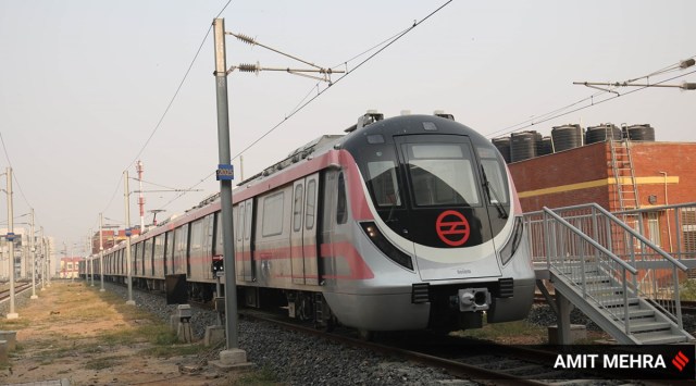 A train on the Pink Line of Delhi Metro. (Express Photo: Amit Mehra)