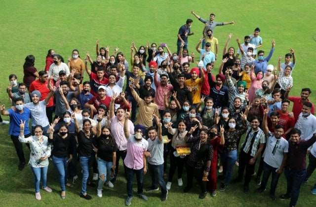 Students in Ludhiana after their CBSE results on Friday. (Express Photo by Gurmeet Singh)