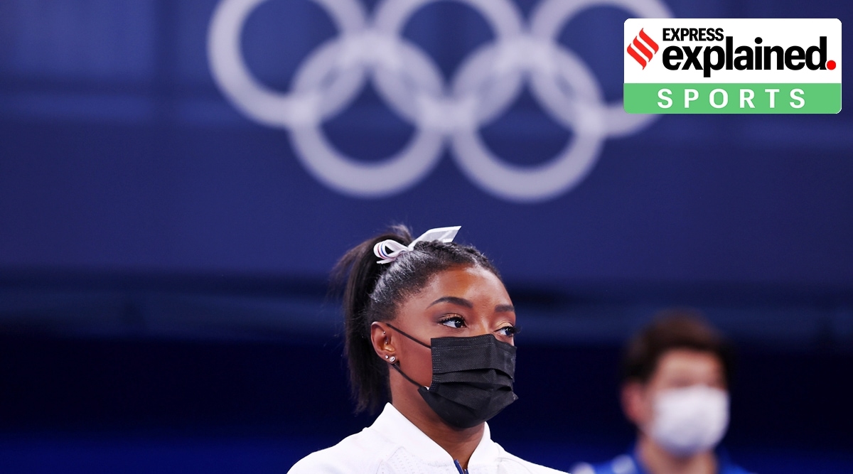 Simone Biles of the United States wearing a mask. (Reuters)
