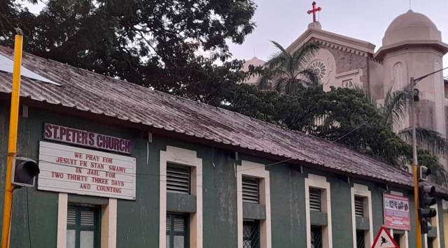 St Peter’s Church, Mumbai, Monday. It has had this board since May 28, when HC ordered Swamy be taken to hospital. (Express photo by Pradip Das)