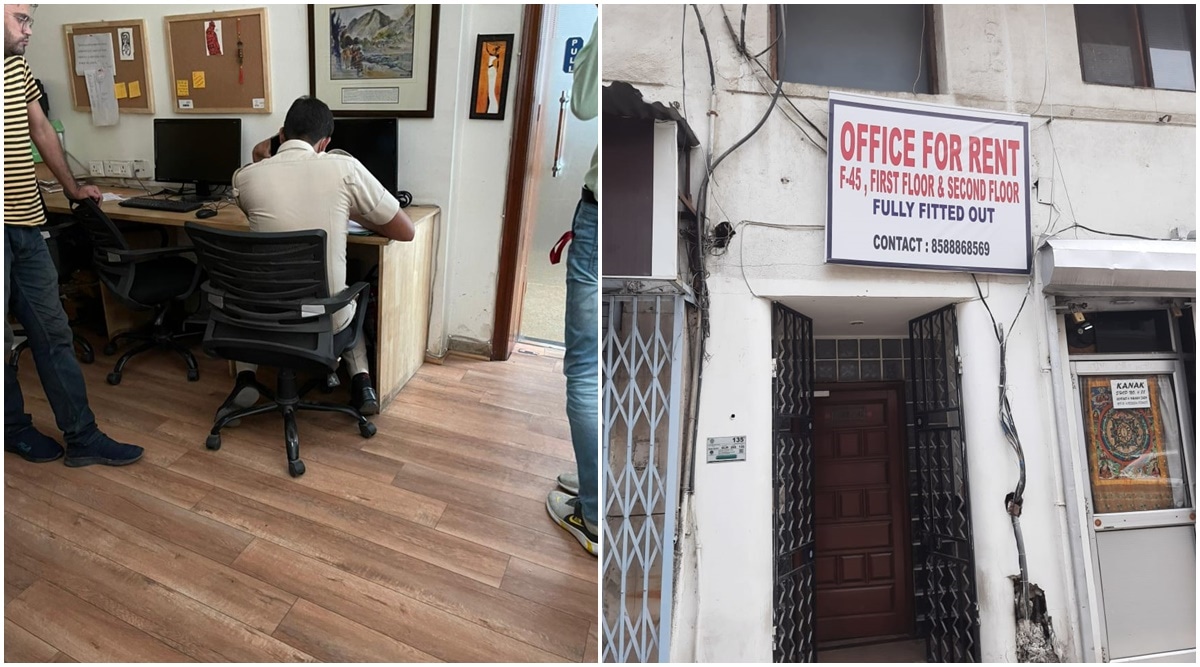 A Delhi Police officer at the office of news website, The Wire. (Photo: Twitter/@svaradarajan); (right) DCP New Delhi responds to Varadarajan's tweet saying it was a routine checking ahead of I-Day. (Photo: Twitter/@DCPNewDelhi)