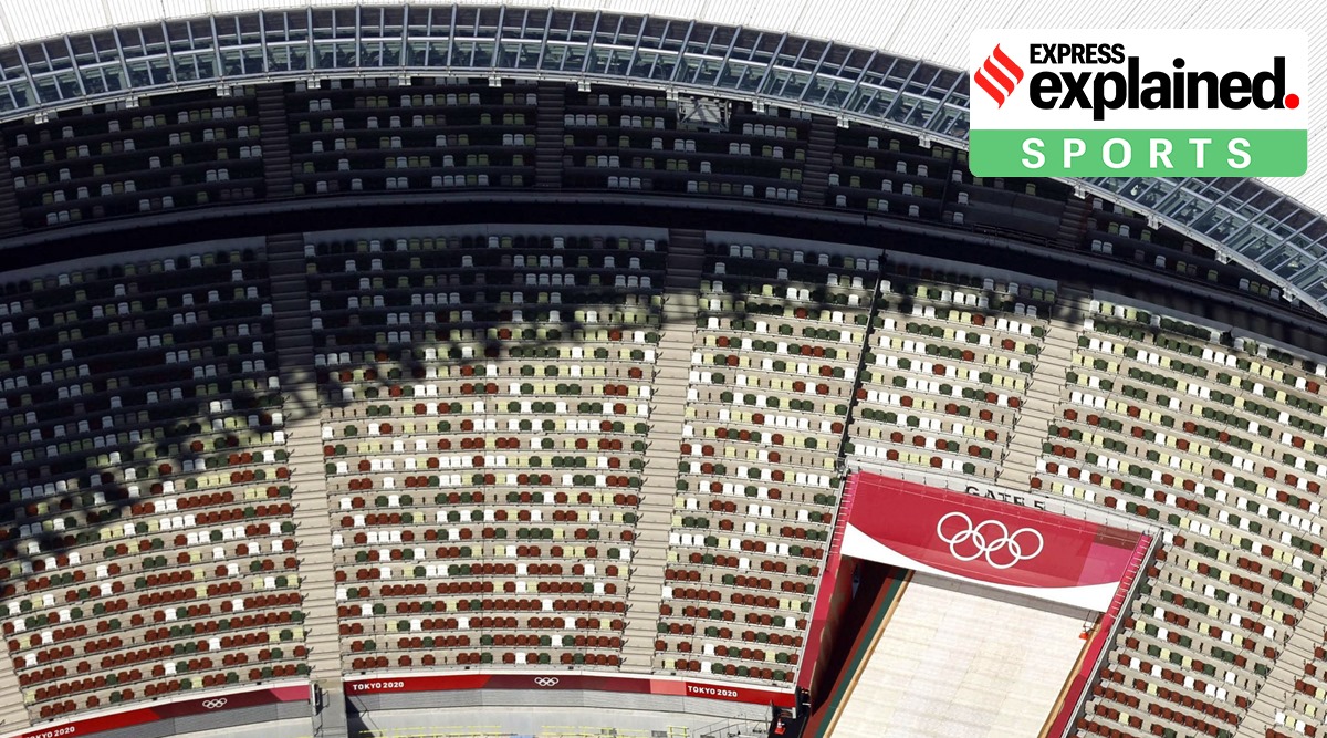 The Olympic Rings are seen with spectators' seats at the National Stadium in Tokyo Japan. (Kyodo News via AP)