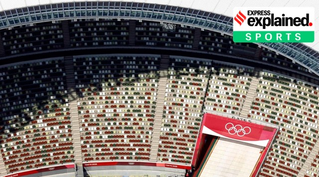 The Olympic Rings are seen with spectators' seats at the National Stadium in Tokyo Japan. (Kyodo News via AP)