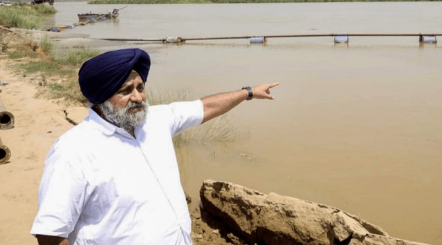 SAD president Sukhbir Singh Badal shows alleged illegal mining along the Beas River in Amritsar, Wednesday. (PTI)
