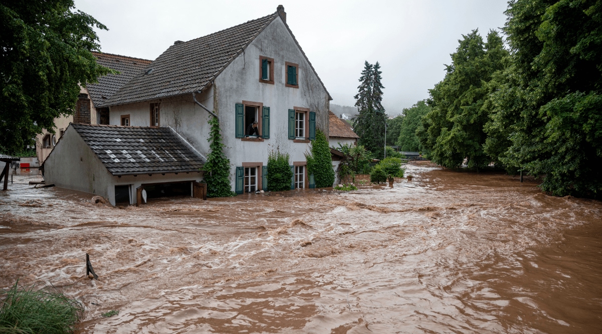 Houses are submerged on the overflowed river banks in Erdorf, Germany, as the village was flooded on Thursday. (AP)
