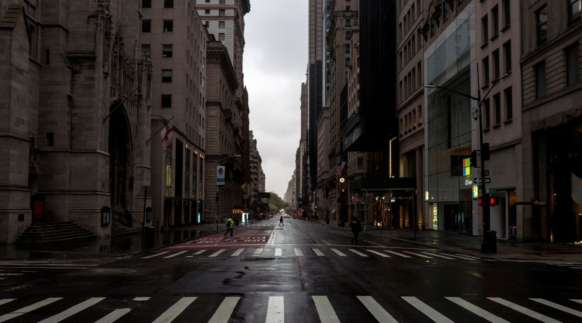 The view north along a virtually empty Fifth Avenue from 53rd Street in Manhattan on April 4, 2020.(The New York Times)